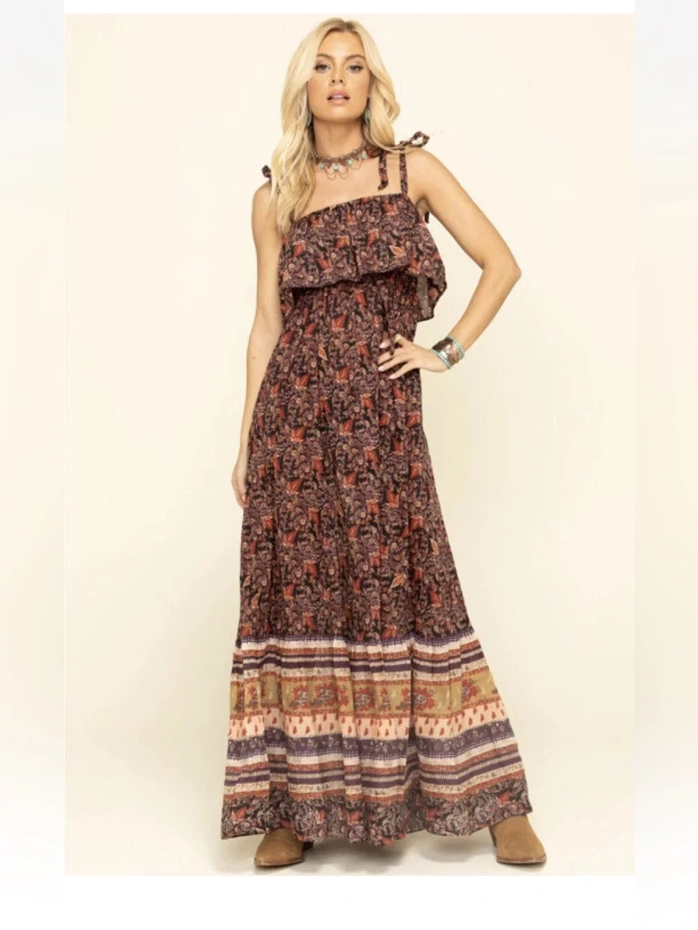 Free People Printed Rust and Brown Boho Tiered Maxi Dress